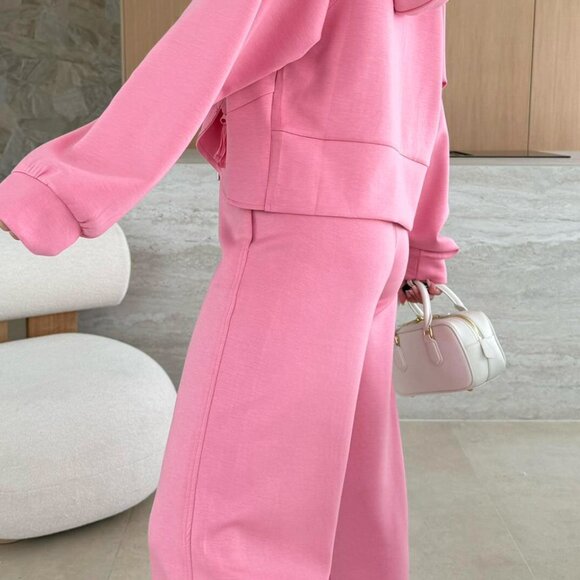 B314 Pink Solid Zip Up Hoodie and Drawstring Loose Pants Set - Picture 6 of 8